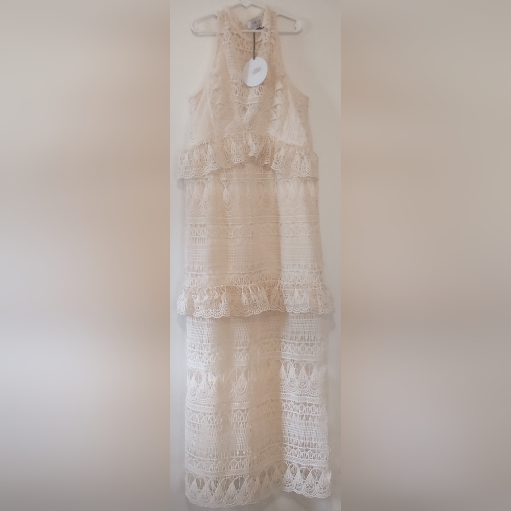 Peach Lace Pattern Maxi Dress With Lining